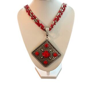Vintage Southwestern Cross Enhancer Pendant Red & Silver Stone Beaded Necklace